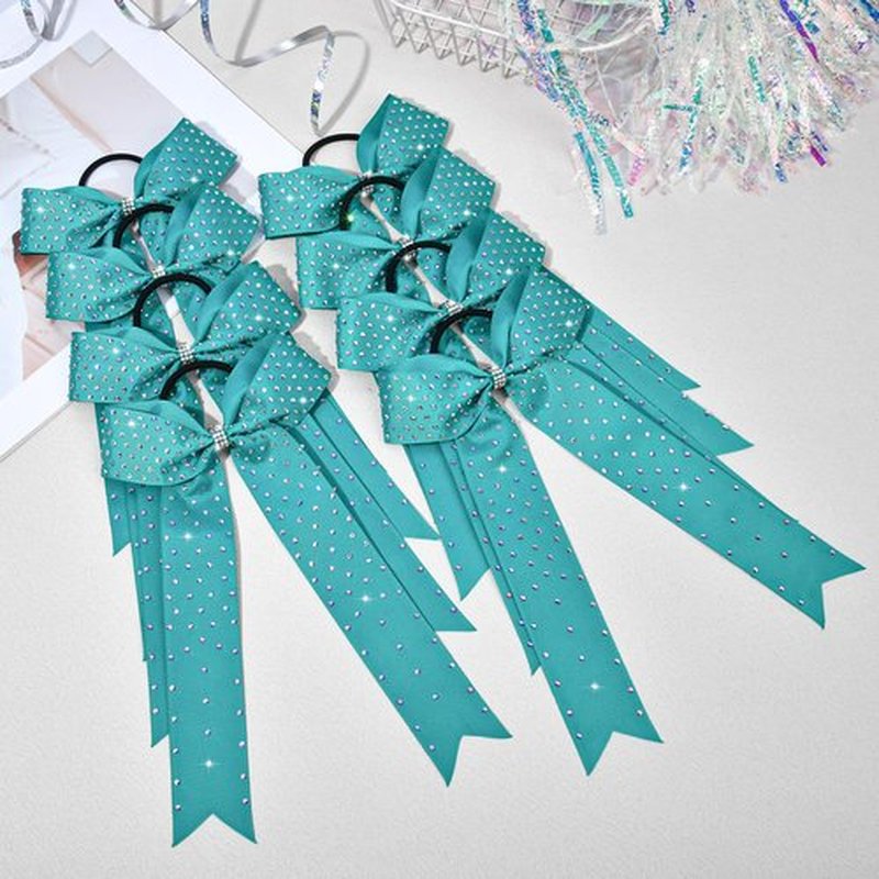 DEEKA 12 PCS Glitter Collegiate Style Cheer Bows Long Tail Full Rhinestones Skinny Shiny Cheer Bow Ponytail Holder Handmade Bows for Girls Teens Cheerleader Sports -Teal