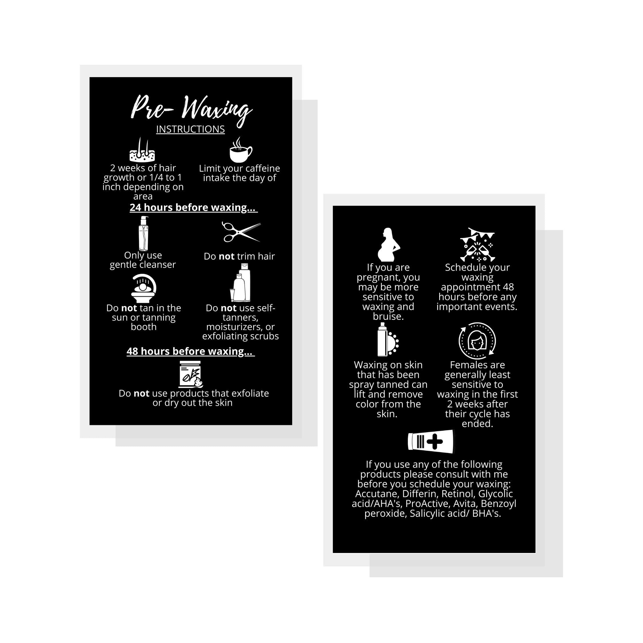 Waxing Aftercare Cards | 50 Pack | Size 2 x 3.5” inches Business Card Size | Waxing Aftercare Kit Cards PMU | Aftercare Instructions Black with Icons Design (Pre-Waxing)