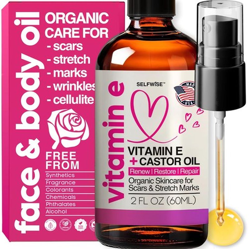 Skiennix Organic Vitamin E Oil - Scar & Stretch Mark Treatment with Castor, Rosehip, Jojoba - Hydrating Face & Body Oil