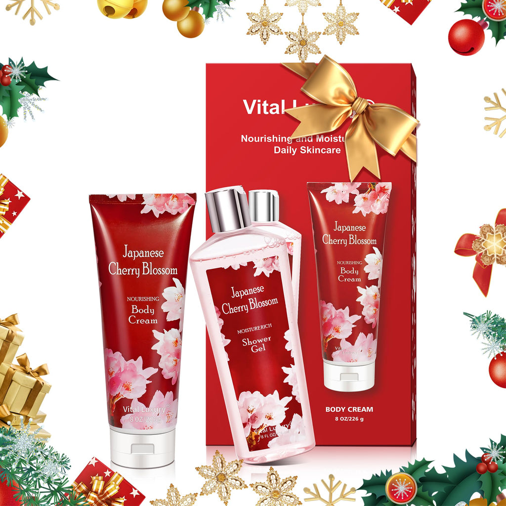Vital Luxury Japanese Cherry Blossom Bath and Body Set Shower Gel and Body Cream - Nourishing and Moisturizing Daily Skincare - 8 fl.oz / 236mL Each, Birthday Anniversary Wedding Gifts for Her and Him