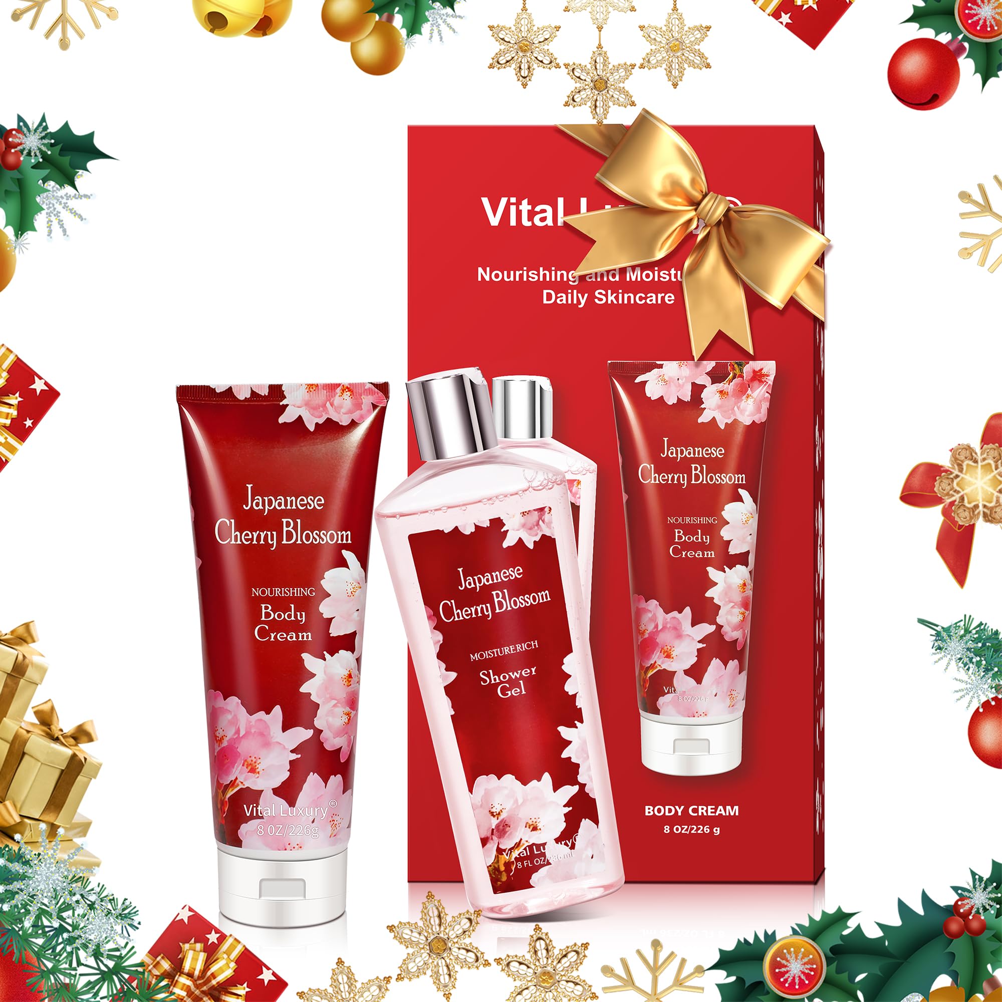 Vital Luxury Japanese Cherry Blossom Bath and Body Set Shower Gel and Body Cream - Nourishing and Moisturizing Daily Skincare - 8 fl.oz / 236mL Each, Birthday Anniversary Wedding Gifts for Her and Him