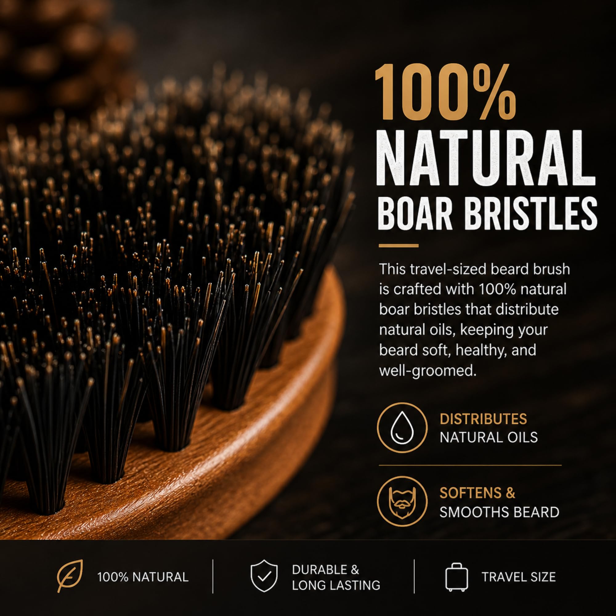 Gents Wood Small Travel Beard Brush - Natural Boar Bristles with Wooden Grooved Handle Mini Size Portable (Small, 3, Count)
