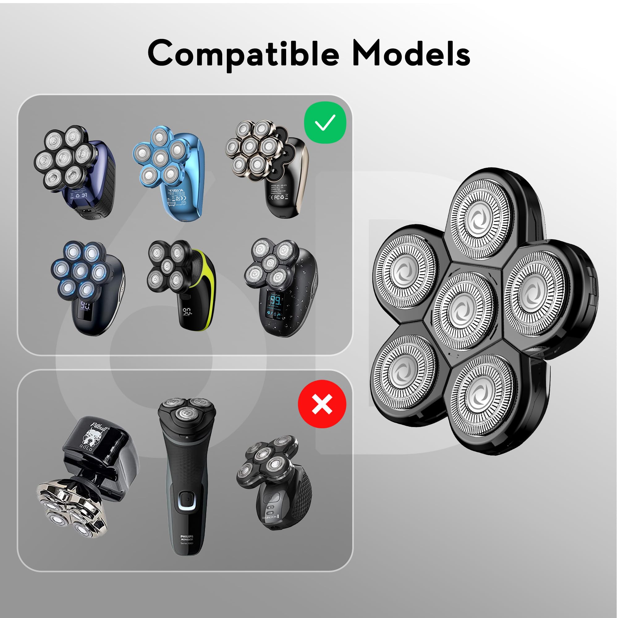 Kibiy 6D Blade Replacement Heads, Electric Shaver Replacement Head for Electric Razor for Men Wet and Dry Compatible Many Models Waterproof Head Razor - Black
