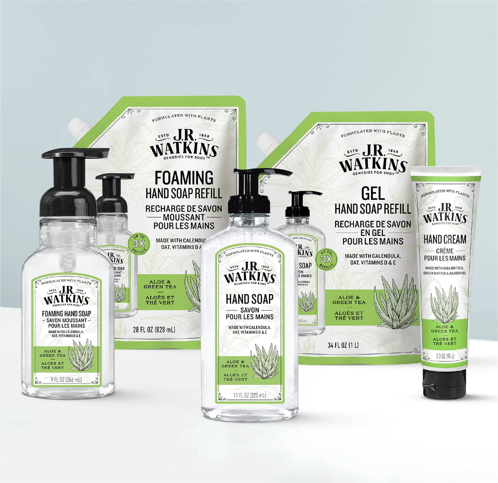J.R. Watkins Foaming Hand Soap with Pump Dispenser, Moisturizing Foam Hand Wash, Alcohol-Free, Cruelty-Free, Aloe et The Vert/Aloe & Green Tea, 9 fl oz, 3 Pack