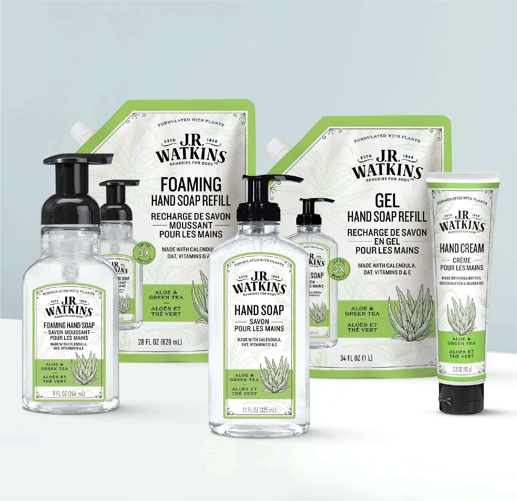 J.R. Watkins Foaming Hand Soap with Pump Dispenser, Moisturizing Foam Hand Wash, Alcohol-Free, Cruelty-Free, Aloe et The Vert/Aloe & Green Tea, 9 fl oz, 3 Pack
