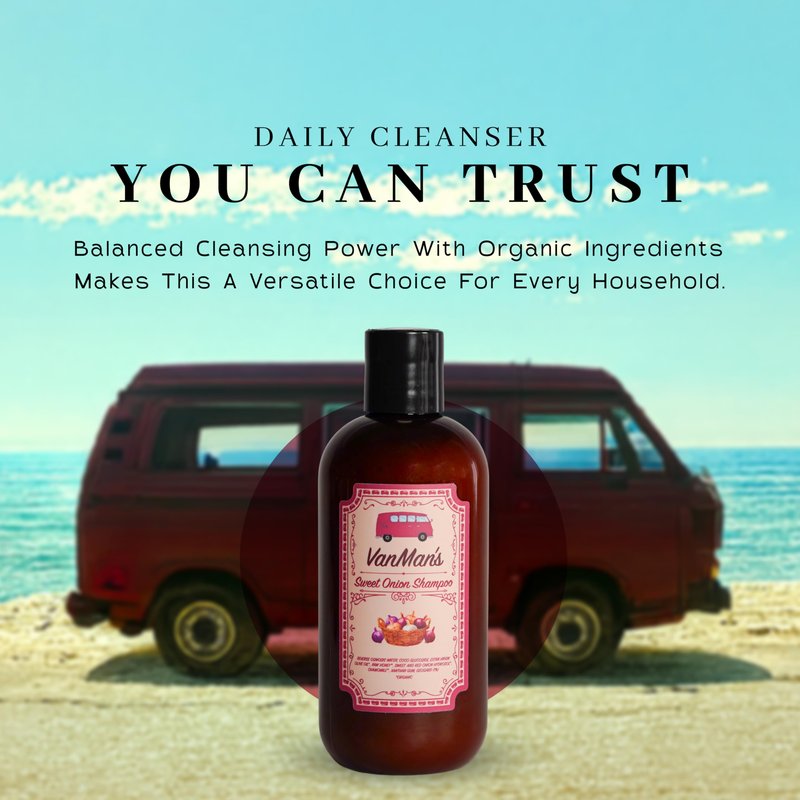 VanMan Sweet Onion Shampoo – 8 oz Plastic Bottle – Gentle Cleanser with Organic Olive Oil, Honey & Chamomile – Nourishing Hair Wash for All Types – Healthy, Fuller-Looking Hair – No Onion Scent