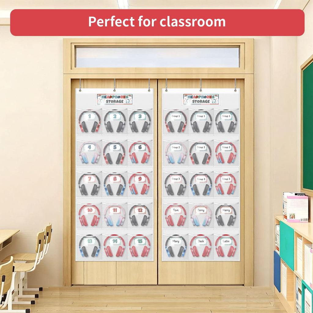 BOHEMIABY 2 Pcs Headphone Storage Classroom with 30 Durable Polyester Mesh Pockets, Door Hanging Headphone Holder for Classroom Library, Headphone Organizer with 122 Reusable Card & 6 Hooks