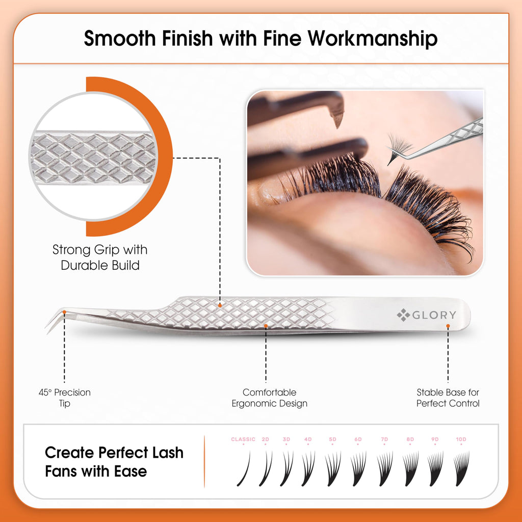 Glory Professional Angled Fiber Tip Eyelash Tweezers for Volume & Mega Volume, Diamond Grip Stainless Steel Precision Lash Extension Tweezers