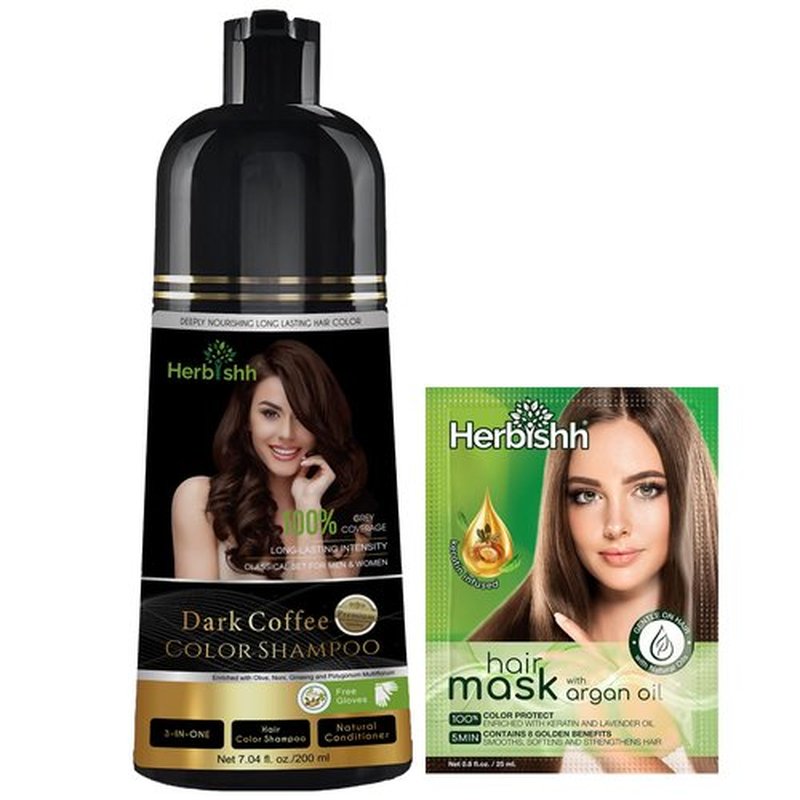 Herbishh Dark Coffee Shampoo, Hair Dye Shampoo 3 in 1, 100% Grey Coverage, Demi-Permanent Hair Color for Men & Women, Long-lasting Color in 20-25 Mins, Ammonia-free, 200 ml