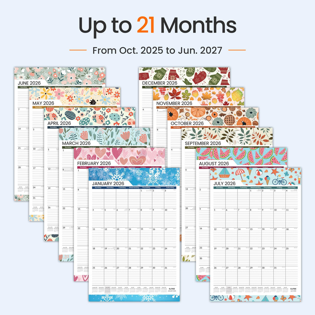 SUNEE 2026 Wall Calendar Large 22.75"x15.5", 21 Month Calendar (Ends June 2027), Vertical Extra Large, Seasons Color