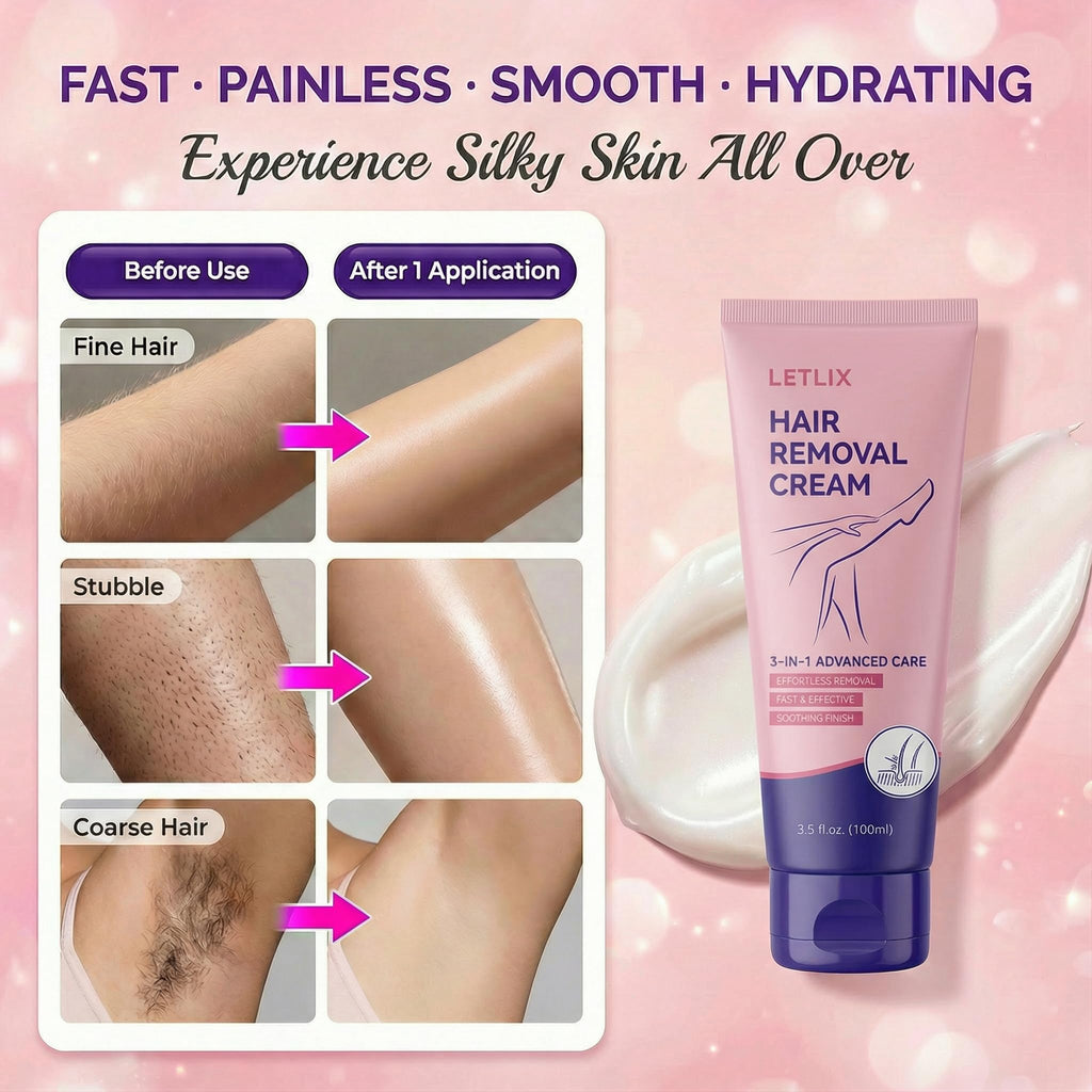 LETLIX Hair Removal Cream for Sensitive Skin - Painless Depilatory Cream for Women and Men Legs, Underarms & Body - Gentle Hair Remover with Squalane, Aloe Vera & Hyaluronic Acid - 4.06oz