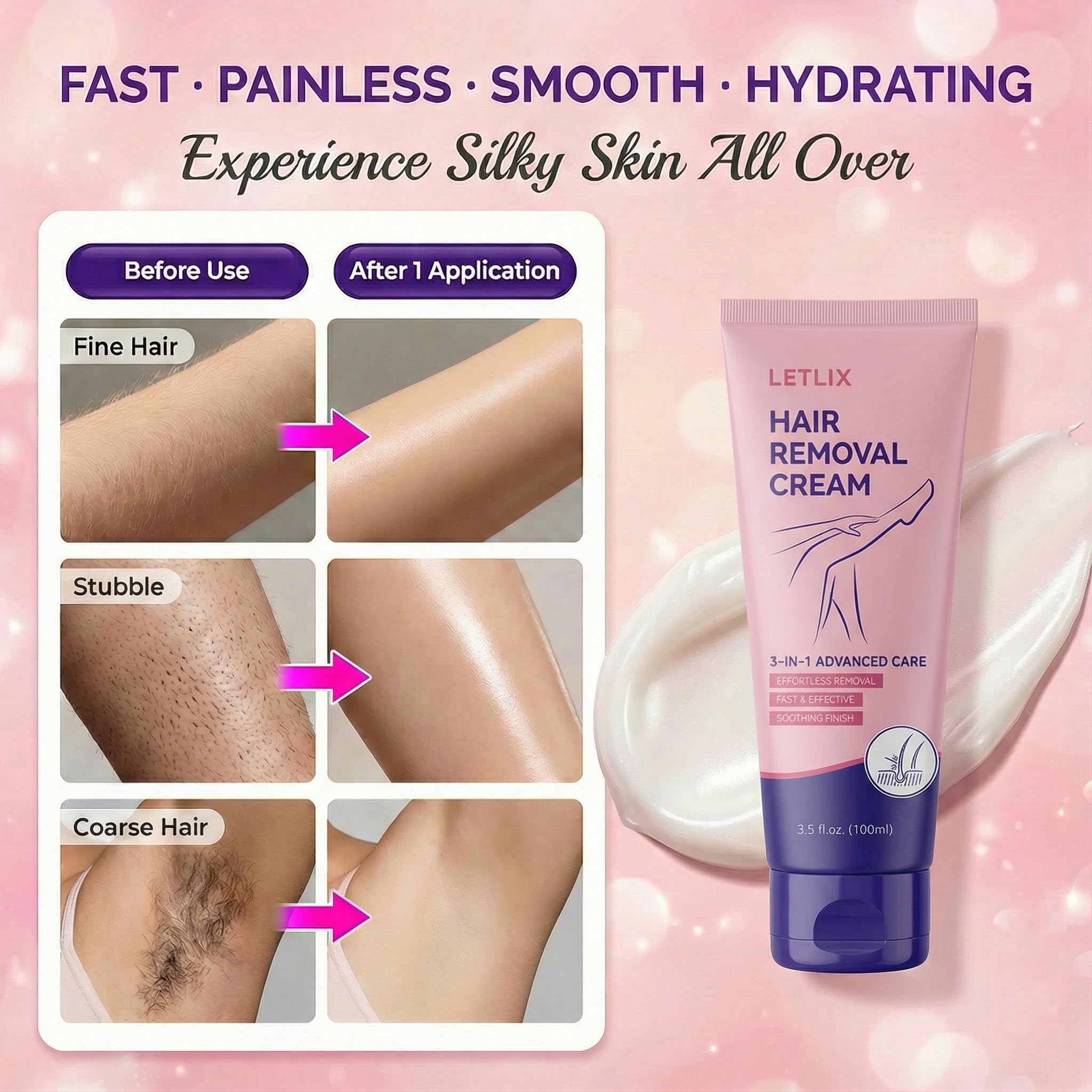 LETLIX Hair Removal Cream for Sensitive Skin - Painless Depilatory Cream for Women and Men Legs, Underarms & Body - Gentle Hair Remover with Squalane, Aloe Vera & Hyaluronic Acid - 4.06oz
