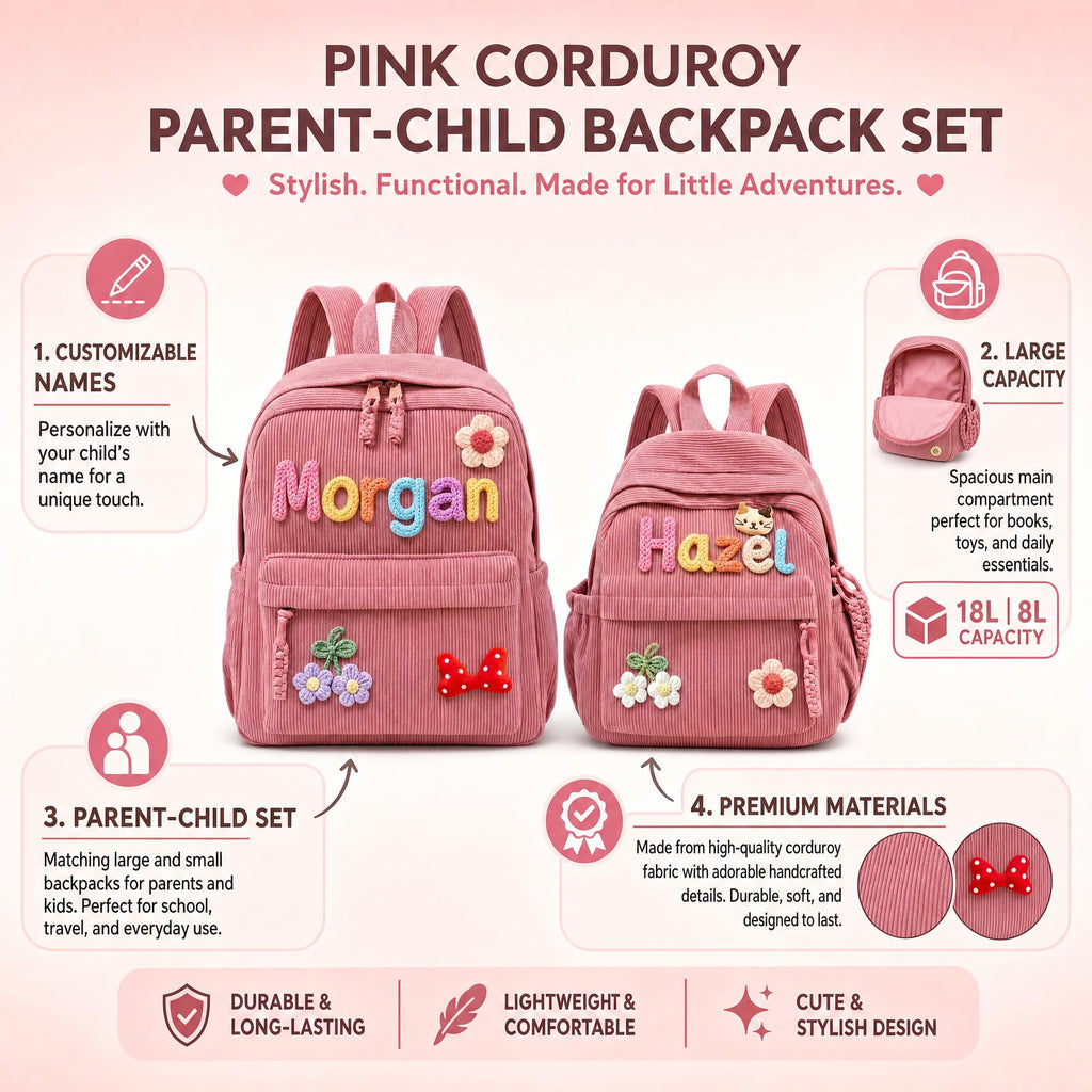 KEQHAULI Custom Corduroy Backpack—a matching parent-child set featuring a hand-woven cotton cord design, making it an ideal birthday gift.