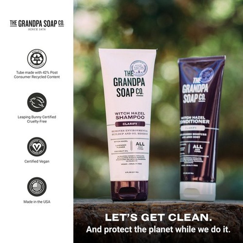 The Grandpa Soap Company Claryfying Witch Hazel Shampoo - Removes Buildup, With Witch Hazel & Lavender Flower, For All Hair Types, Vegan, Sulfates and Parabens Free, 8 Fl Oz 2 Pack