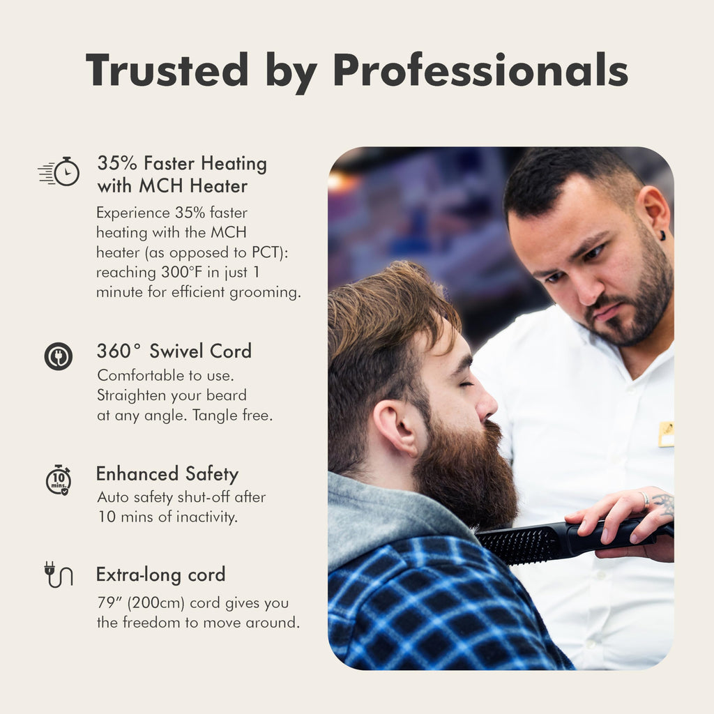 Aberlite Pro Professional Beard & Hair Straightener - Advanced Ionic & Anti-Scald Heated Brush - Pain-Free Conditioning - Straightening Comb for Men - for All Beard Types