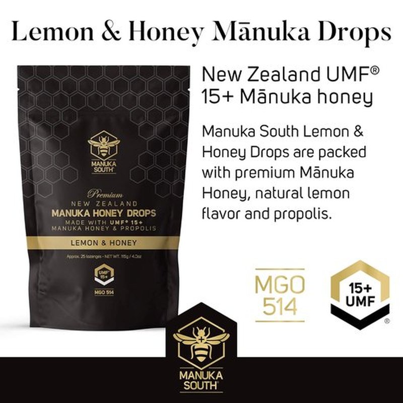 Manuka Honey Drops UMF 15+ | MGO 514+ & Propolis - Natural Soothing Drops with Lemon & Honey Flavor - 25 Count