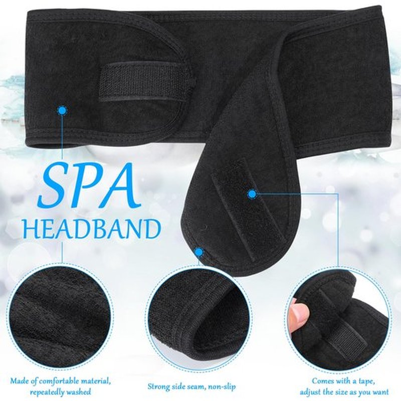 Hoteam 30 Pack Spa Headband Facial Esthetician Hair Wrap for Women Adjustable Makeup Sports Shower Stretch Towel with Tape(Black)