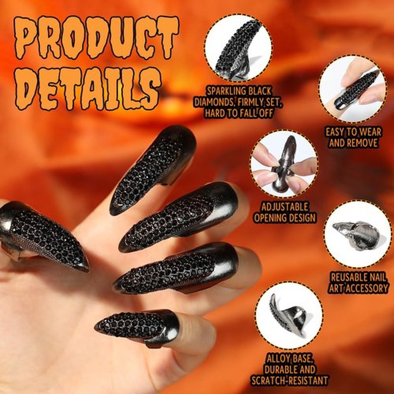 10PCS Adjustable Claws Ring Set Fake Nails Finger, Gothic Punk 3 Sizes Crystal Retro Metal Nail Rings Jewelry Fingertip Vampire Demon Cat Cosplay Accessories Women Costume Black