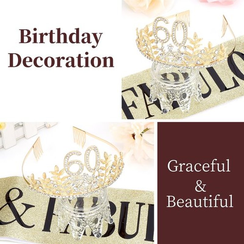 Chanaco 60th Birthday Decorations for Women, 60 & Fabulous Sash and Crown, Gold 60 Year Old Gifts, Happy Birthday Tiara for Party Decor