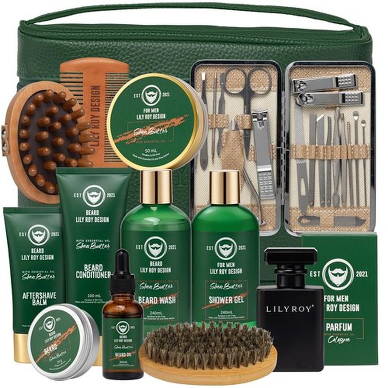 Father's Day Spa Gift for Men - Luxury 32Piece Shea Butter Bath & Beard Gift Set for Men Bath & Body Care Kit for Him with Beard Wax | Christmas, Valentine's Day, Birthday, Relaxation Gift Set for Dad