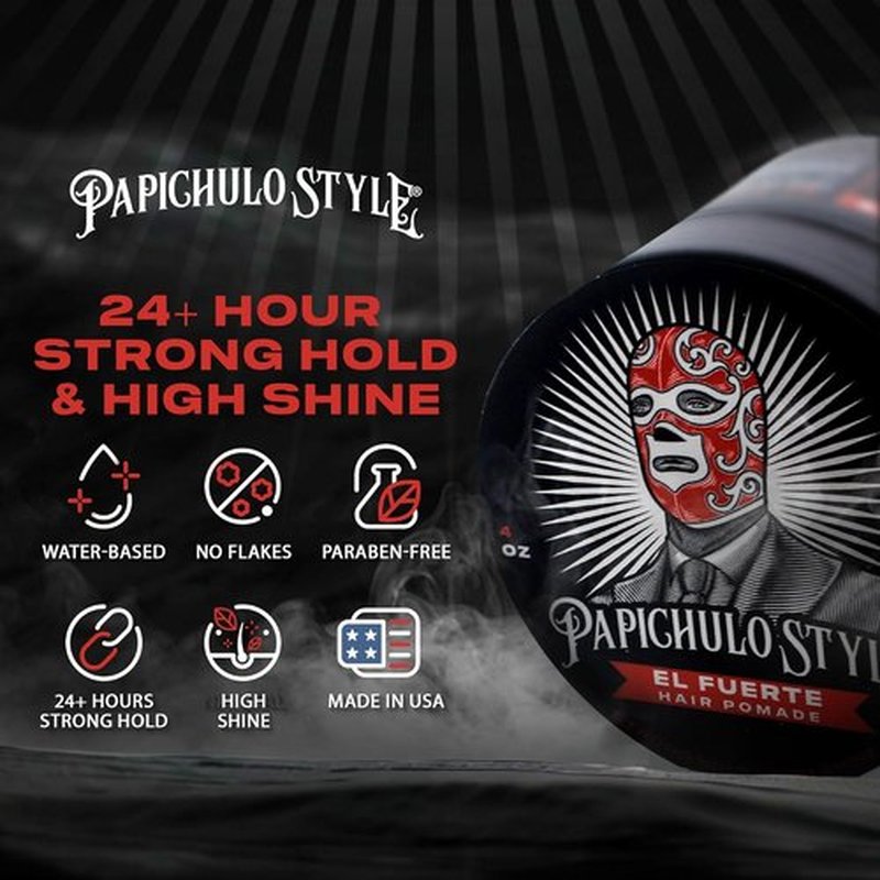 Papichulo Style Deluxe Pomade “El Fuerte” - Strong Hold & High Shine - Water-Based, Flake-Free, Easy Washout - 4 oz