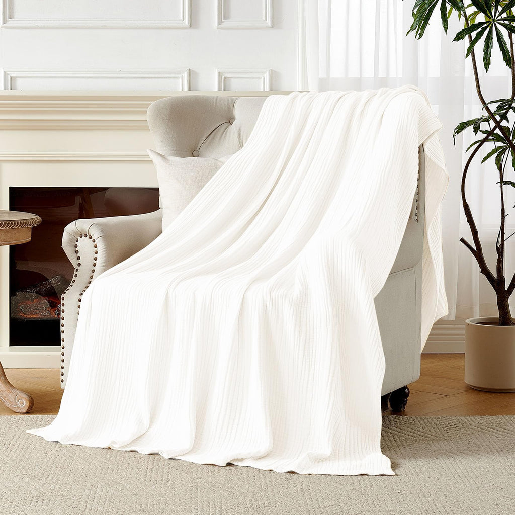 Joydeco 100% Cotton Muslin Throw Blanket for Couch Bed and Sofa, 4-Layer Lightweight and Breathable Soft Gauze Blanket for All Season, Luxury Throws Cotton Blanket Gift(White, 50"x70")
