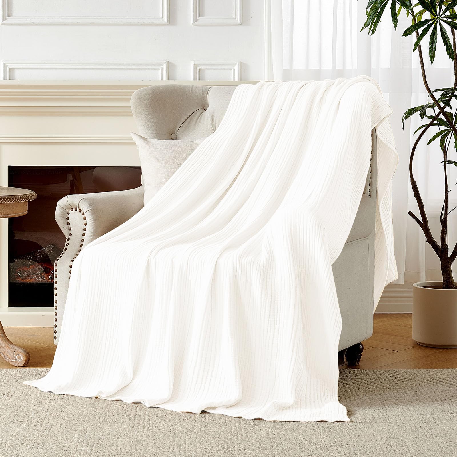 Joydeco 100% Cotton Muslin Throw Blanket for Couch Bed and Sofa, 4-Layer Lightweight and Breathable Soft Gauze Blanket for All Season, Luxury Throws Cotton Blanket Gift(White, 50"x70")