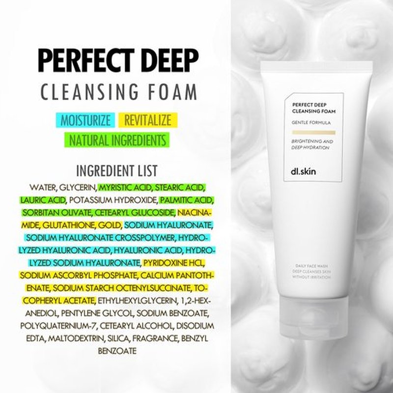 DL SKIN Perfect Deep Gentle Face Wash Cleansing Foam w/ 6 Types of Hyaluronic Acid & Plant-Derived Surfactants | Moisturizing Foaming Facial Cleanser Face Wash for Deep Radiance Hydration (5.07 fl oz)