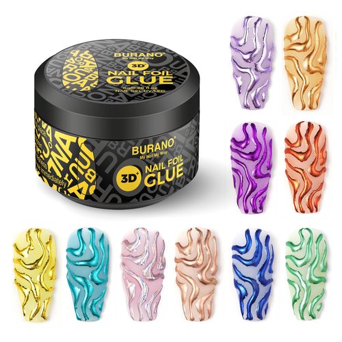 BURANO 3D Nail Foil Glue Gel, 8G 3D Gel Nail Art Foil Gel for Nails 1 Bottle with 10PCS Foils Sticker, Transfer Gel Foil Adhesive Glue Nails Design Foil UV LED Lamp Required