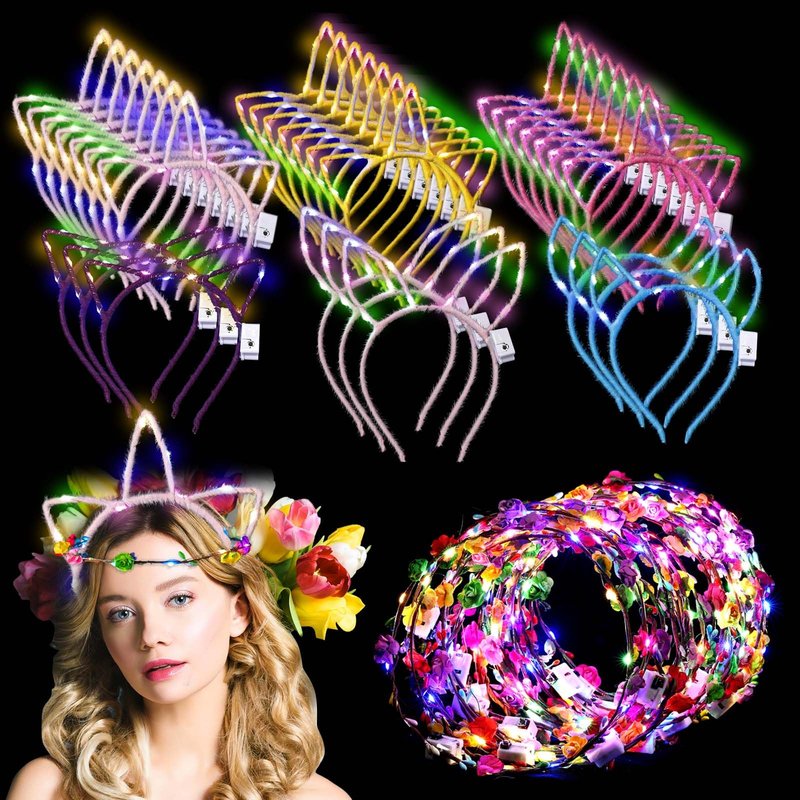 Xinnun 50 Pcs LED Unicorn Ear Headbands Bulk, Light up Cat Flower Headband Glow Crown Rabbit Ear Head Accessories for Adults Valentine's Day Mardi Gras Carnival Glow in the Dark Supplies