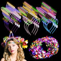 Xinnun 50 Pcs LED Unicorn Ear Headbands Bulk, Light up Cat Flower Headband Glow Crown Rabbit Ear Head Accessories for Adults Valentine's Day Mardi Gras Carnival Glow in the Dark Supplies