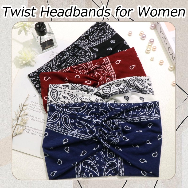 ZUYASEZ 4 Pack Wide Headbands for Women Paisley Twist Hair Bands Stretchy Cross Head Turban Bandana Valentine's Day Non Slip Exercise Hair Wraps Accessories