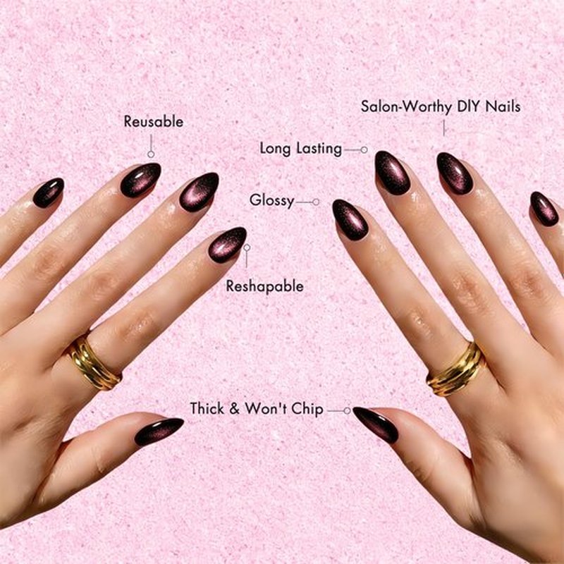 KXAMELIE Cat Eye Press on Nails Short Oval, Baby Pink Black Fake Nails with a Chrome Sparkle Finish, Glitter Gel Glue on Nails Press Ons Short, Cute Design, 30 Pcs 15 Sizes Reusable Thick Nail Set