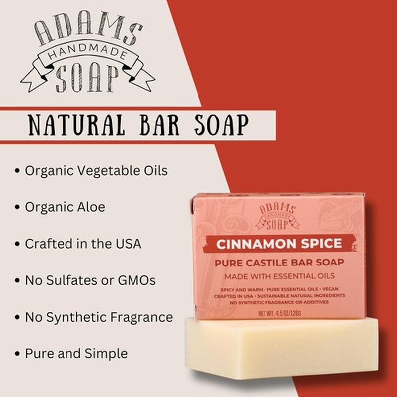 Adams Handmade Soap Cinnamon Spice Pure Castile Bar Soap – 4.5 oz | Vegan, Cold Process, Essential Oils, 84% Organic, Fair Trade, No Additives, USA Made