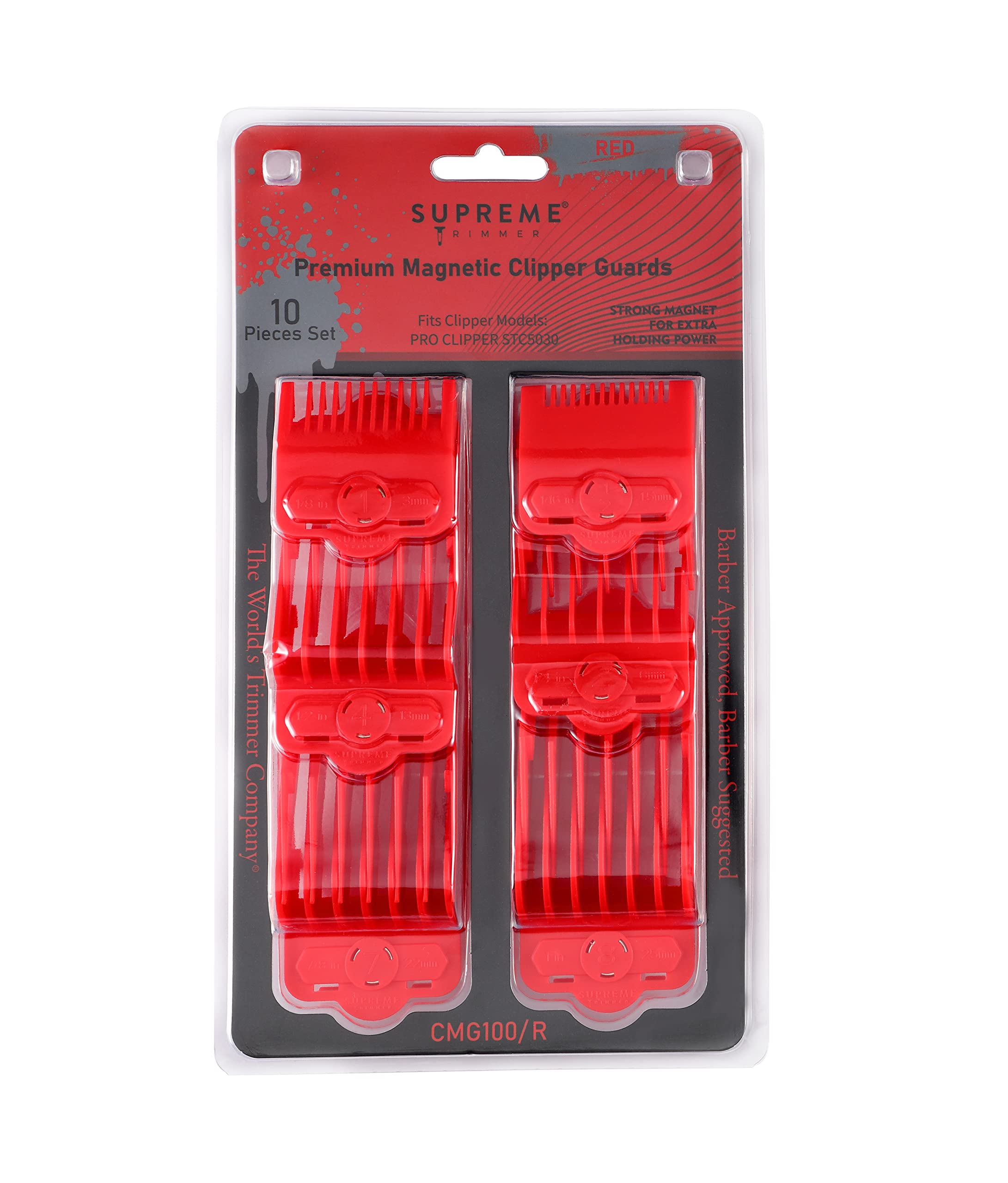 Supreme Trimmer Magnetic Guide Combs for Clippers | CMG100 Hair Clipper Guards, 10 Cutting Lengths | Red