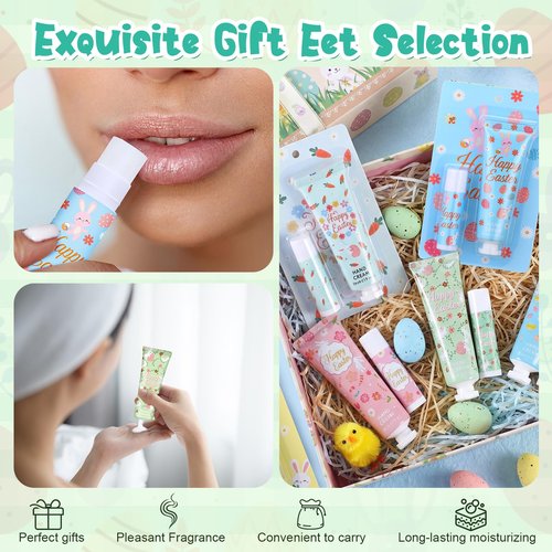Loopeer 12 Sets Easter Gifts for Coworkers Gifts Bulk Happy Easter Hand Cream and Lip Balm for Women Travel Size Lotion Basket Stuffers for Adults Teachers Employees