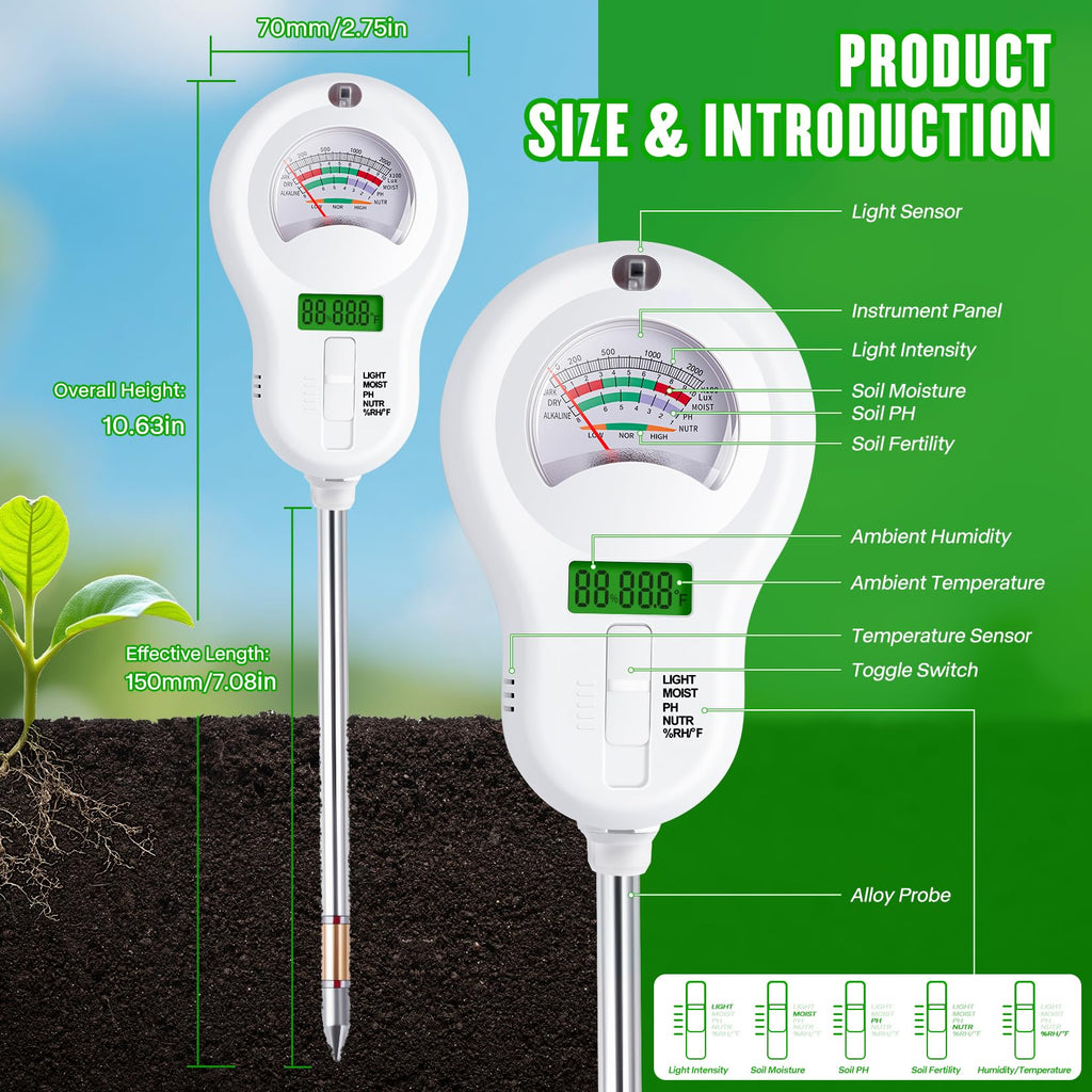 LXIANGN 6-in-1 Multifunctional Soil Moisture Meter, pH/Temperature/Soil Moisture/Sunlight/Air Humidity/Soil Fertility Soli Analyzer for Farming, Gardening, Lawns