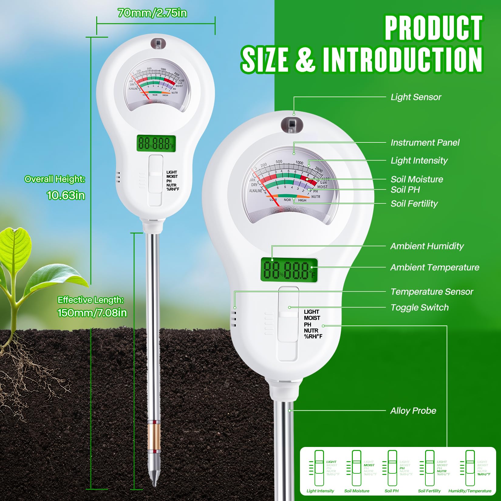 LXIANGN 6-in-1 Multifunctional Soil Moisture Meter, pH/Temperature/Soil Moisture/Sunlight/Air Humidity/Soil Fertility Soli Analyzer for Farming, Gardening, Lawns