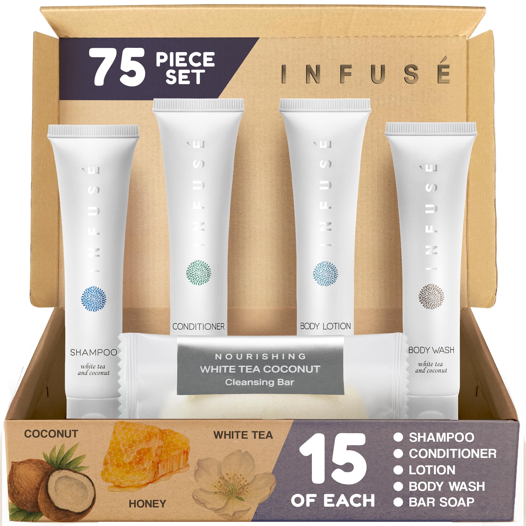 Infuse Pure White Tea and Coconut All-In-Kit Hotel Soaps and Toiletries Bulk Set | 1oz Shampoo & Conditioner, Body Wash, Lotion & 1.25oz Bar Soap | Travel Size 75 Pieces.