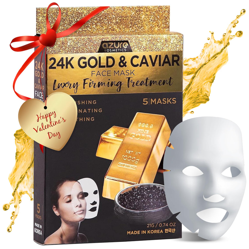 Azure Cosmetics 24K Gold and Caviar Anti Aging Luxury Face Mask - Hydrating & Firming Facial Mask - Helps Reduce Wrinkles & Fine Lines - With Hyaluronic Acid & Collagen - Made in Korea - Pack of 5