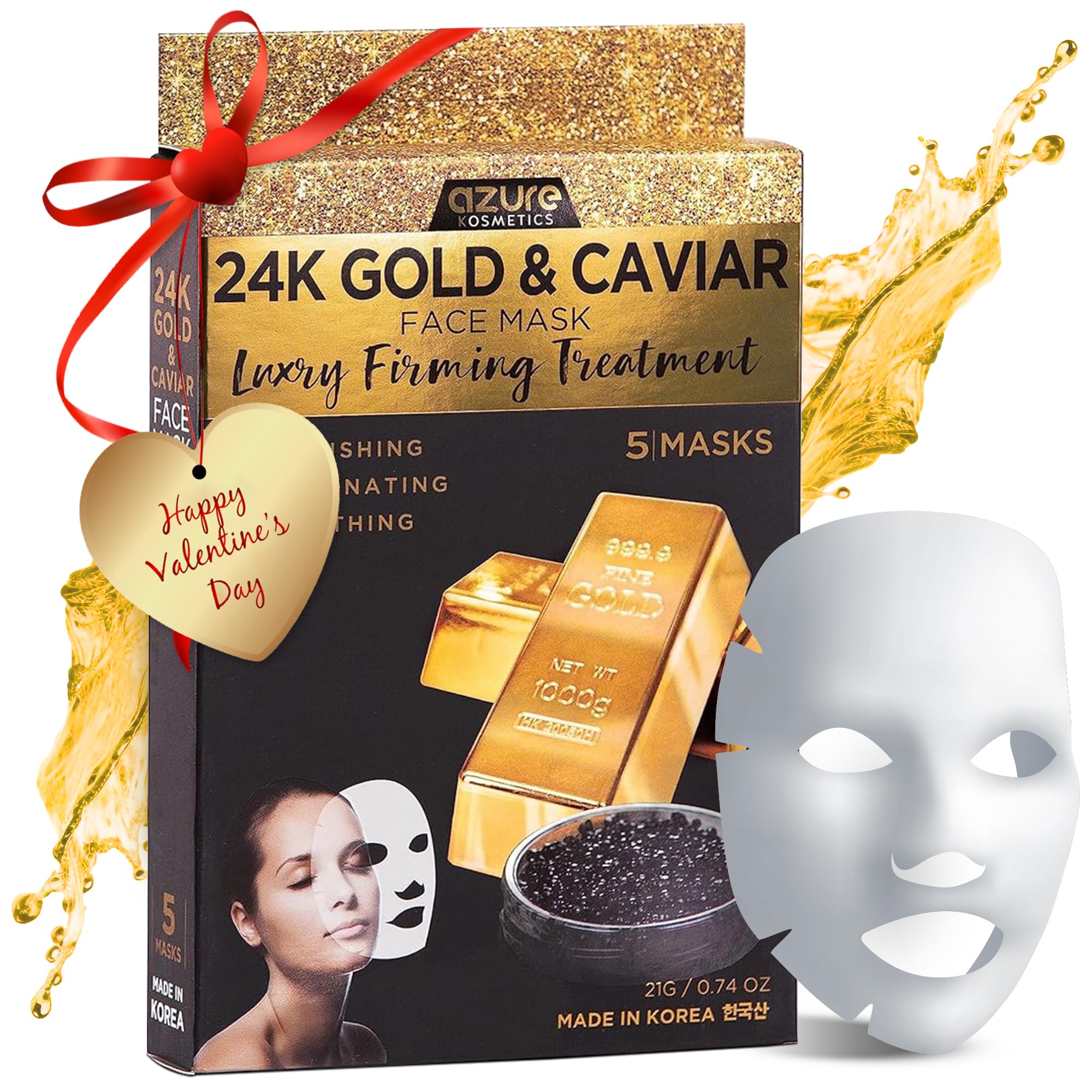Azure Cosmetics 24K Gold and Caviar Anti Aging Luxury Face Mask - Hydrating & Firming Facial Mask - Helps Reduce Wrinkles & Fine Lines - With Hyaluronic Acid & Collagen - Made in Korea - Pack of 5
