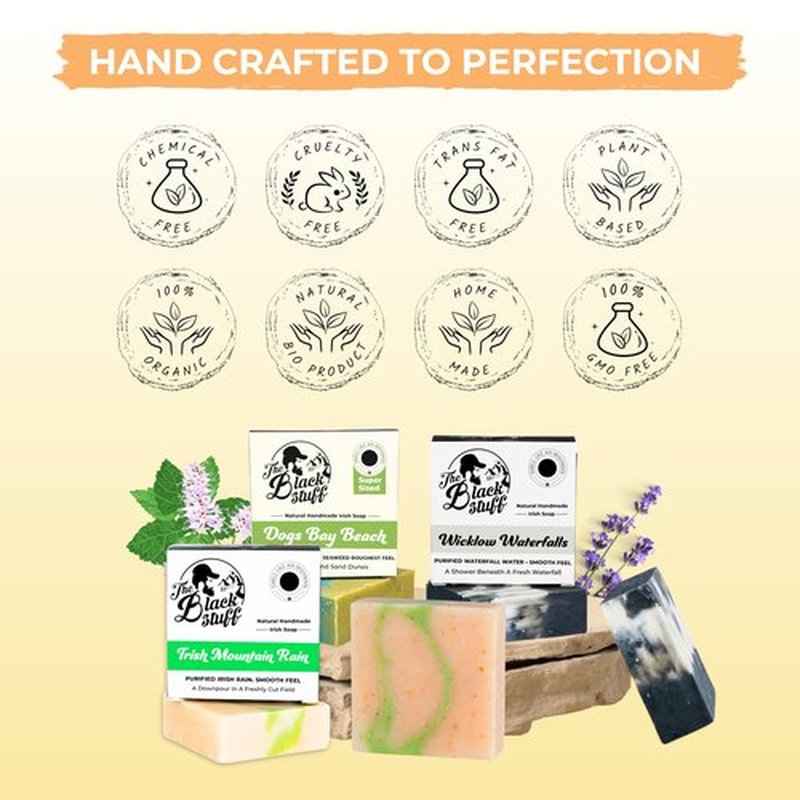 The Black Stuff All Natural Bar Soap for Men Handmade Cold Process Soaps with Organic Ingredients and Essential Oils - Mens Soap for Daily Use - Wicklow Waterfall, Irish Rain Mountain, Dogs Bay Beach