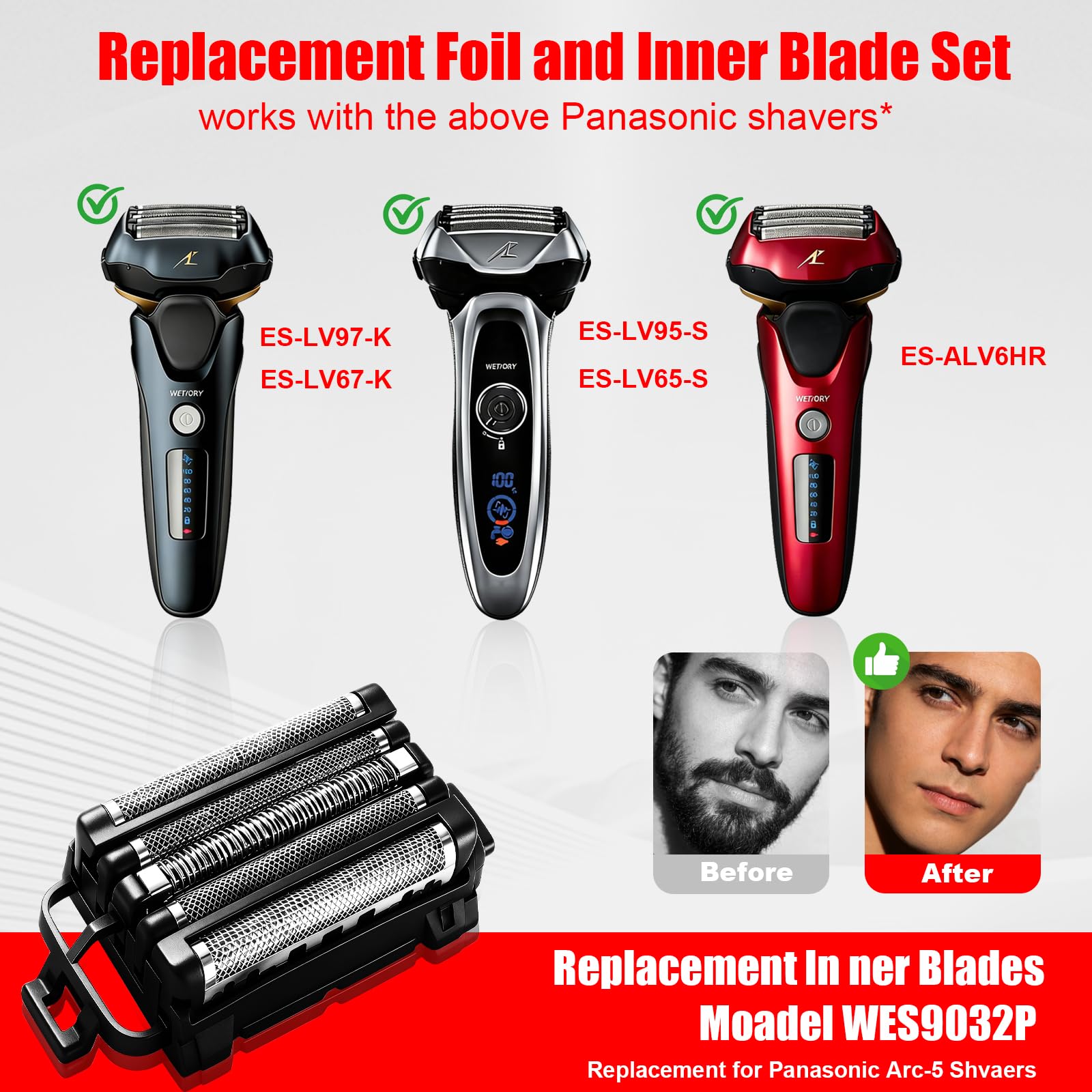 Compatible with Panasonic Shaver Compatible with Replacement Outer Foil and Inner Blade Set WES9032P, Compatible with ARC5 5-Blade Shavers Compatible with 1Pack