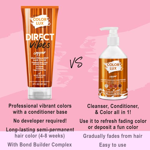 Color Lux Direct Vibes Semi-Permanent Hair Color, Copper, Vibrant & Long-Lasting Shade, Ammonia-Free, Vegan, Sulfate-Free, Paraben-Free, 8 fl oz