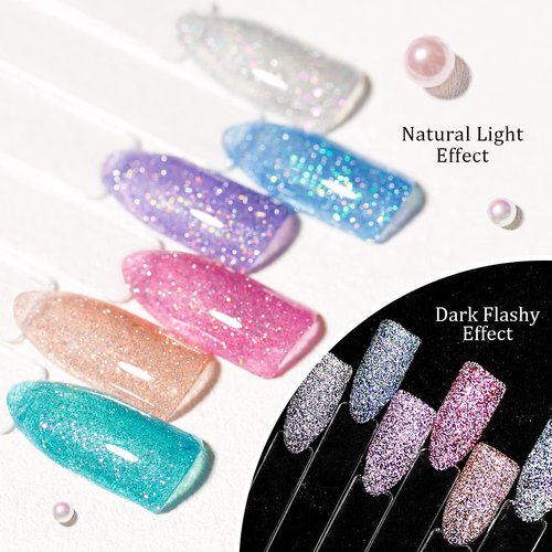 MEET ACROSS Reflective Glitter Gel Nail Polish, Shimmery Glitter Gel Polish Set, Sparkly Shiny Nail Art Varnish Manicure Kit, Soak Off LED Lamp, for Beginners DIY at Home