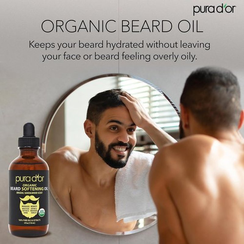 PURA D'OR Organic Beard Softening Oil - Original Sandalwood Scent - Leave-In Conditioner with Argan & Jojoba Oil - 4 Oz