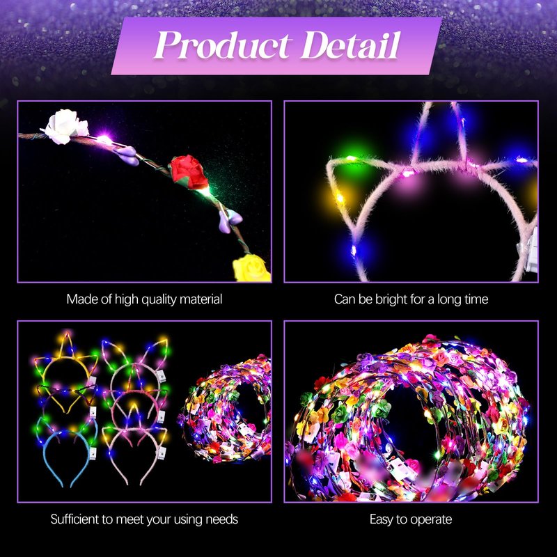 Xinnun 50 Pcs LED Unicorn Ear Headbands Bulk, Light up Cat Flower Headband Glow Crown Rabbit Ear Head Accessories for Adults Valentine's Day Mardi Gras Carnival Glow in the Dark Supplies