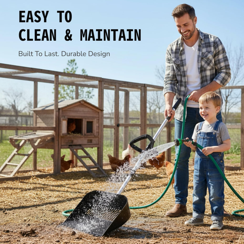 ZyCooom Chicken Poop Scooper & Rake 2-in-1, Adjustable Steel Handle Chicken Poop Shovel (24"-63.7"). Chicken Coop Scoop for Chicken Coop and Pet Poop Cleaning with Ergonomic Grip-Long Slot