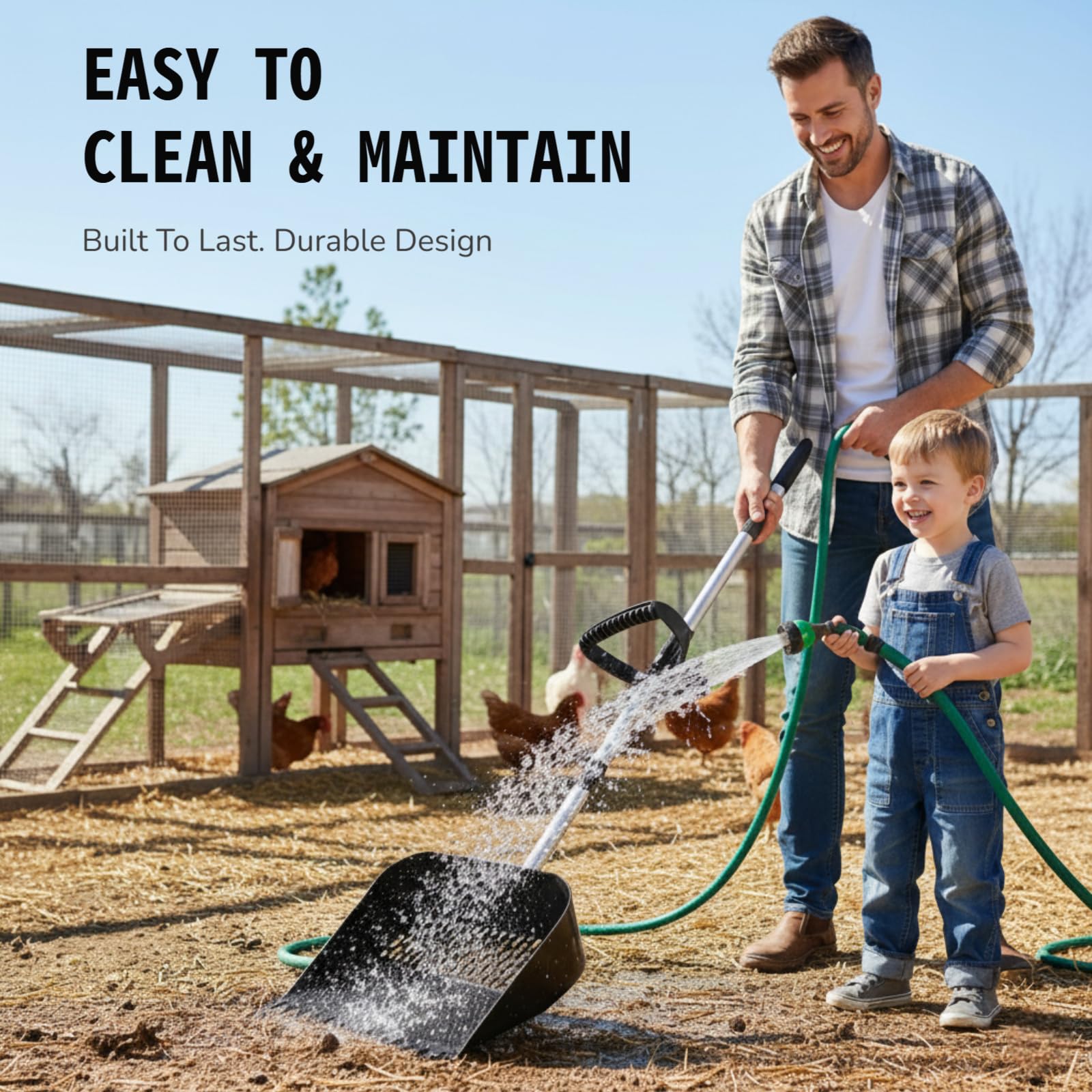 ZyCooom Chicken Poop Scooper & Rake 2-in-1, Adjustable Steel Handle Chicken Poop Shovel (24"-63.7"). Chicken Coop Scoop for Chicken Coop and Pet Poop Cleaning with Ergonomic Grip-Long Slot