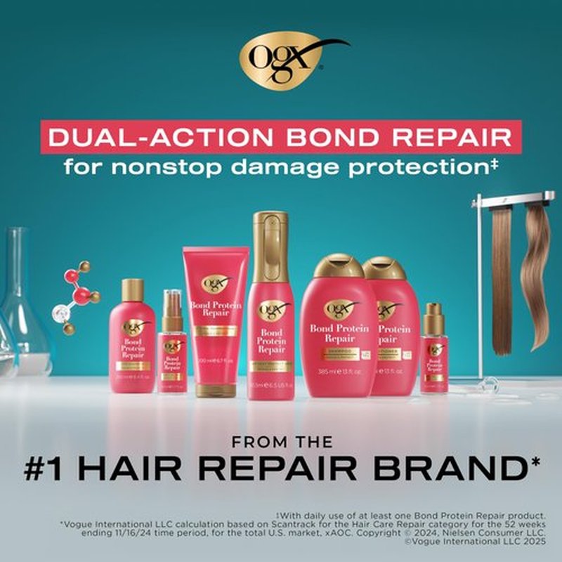 OGX Repair + Protect Bond Protein Repair Shampoo and Conditioner Set, targets damaged areas for bond protection, sulfate-free, hydrating care for color-treated, dry hair, 13 fl oz each (Pack of 2)